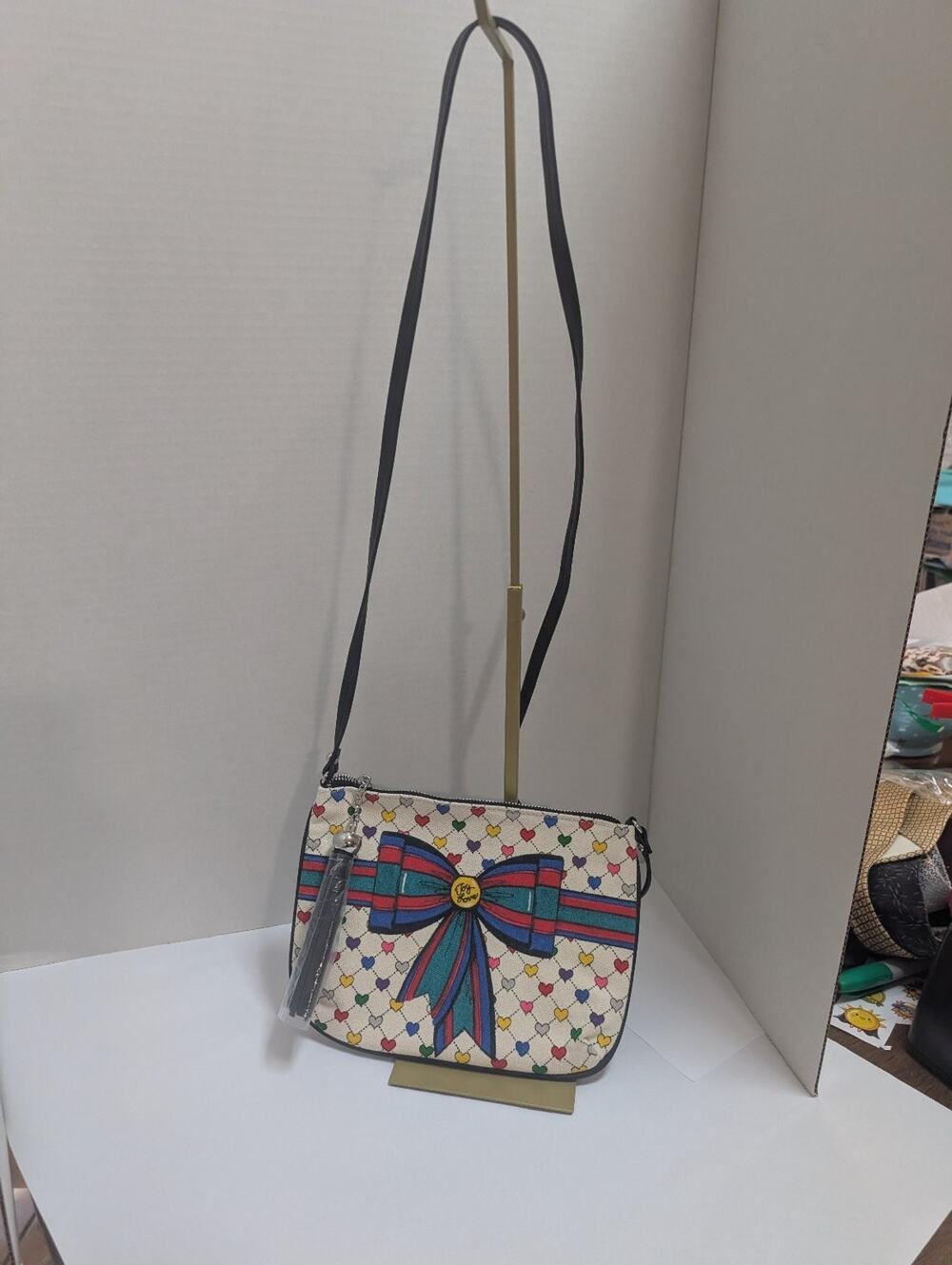 Brighton Joy & Love Multi-Color Heart Bow Print Canvas Crossbody Bag Purse
